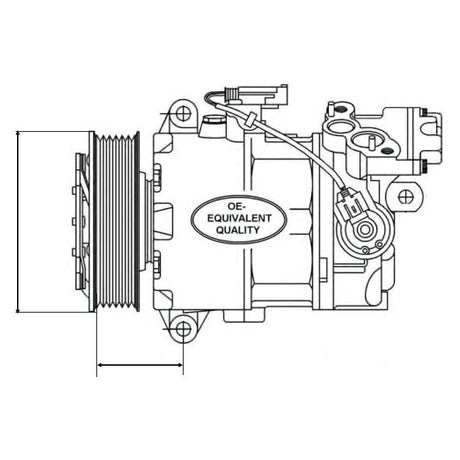 Technical line drawing of an automotive part labeled "OE-EQUIVALENT QUALITY," featuring various components and ports, including a 12V compressor (10PA15C) - S.106702 by Sparex, with dimensions indicated on the left side.