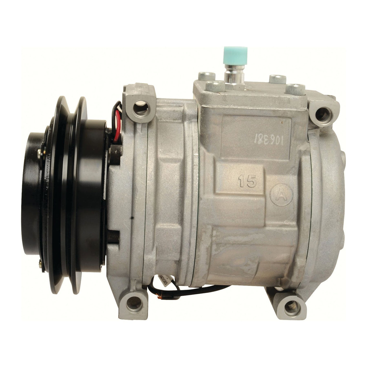 Image of a cylindrical metallic automotive air conditioning compressor, model 10PA15C - S.106702 by Sparex, equipped with electrical connections, a 12.7mm belt pulley, and a Sparex clutch.