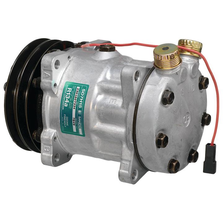 Close-up of the Sparex Compressor (SD7H15HD - S.106719) showcasing its silver finish, visible hoses, bolts, electrical wiring, and prominently featured clutch diameter.