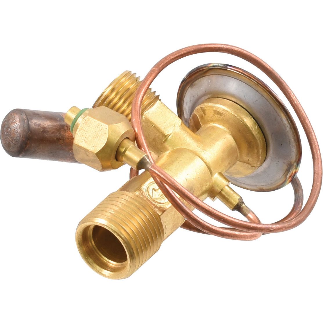 A Sparex O Ring Type Expansion Valve (Sparex Part No. S.106791) featuring threaded connections, coiled copper tubing, and a 9'' capillary tube.