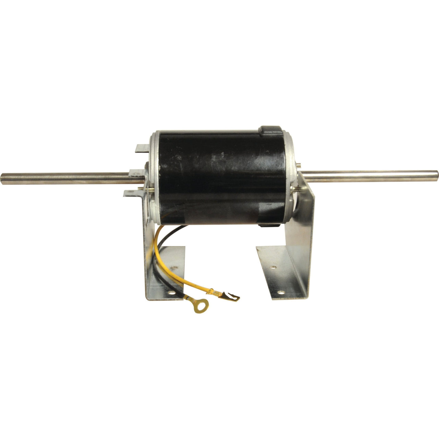 The Blower Motor - S.106806 from Sparex is a cylindrical 12V motor mounted on a metal bracket, featuring two metal rods extending from both ends and attached wires.