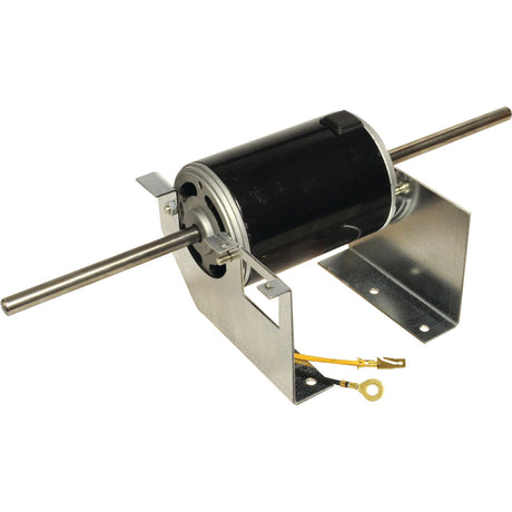 The Sparex Blower Motor - S.106806 is a 12V cylindrical motor mounted on a metal bracket, featuring two axial shafts, electrical wires on the side, and support brackets at both ends.