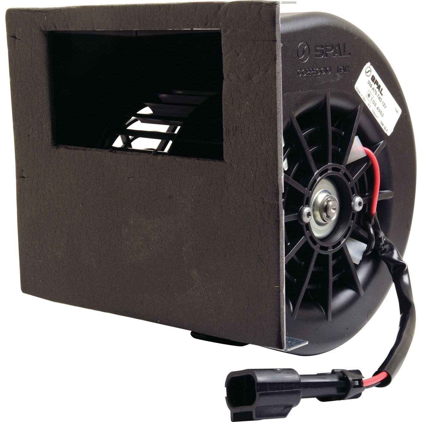 The Sparex Single Assembly Blower Motor (Sparex Part No. S.106810), a 12V black electric blower with a visible motor and attached wires, is encased in a rectangular housing with an open side revealing the interior components, making it perfect for John Deere equipment.