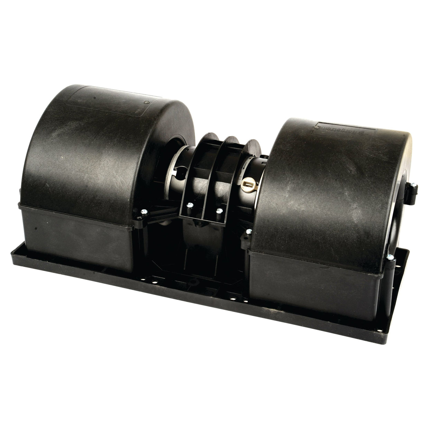 Image of a black, industrial centrifugal blower with two cylindrical housings and a central motor: the Complete Assembly Blower Motor - S.106812 by Sparex.