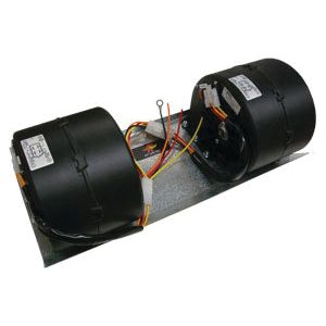 The Complete Assembly Blower Motor (S.106819) by Sparex features dual blower fans with wiring and connectors mounted on a rectangular metal base, making it ideal for HVAC systems. This perfect Replacement Motor is compatible with Ford / New Holland equipment.