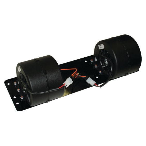 An image of the Sparex Complete Assembly Blower Motor - S.106820, featuring a high-efficiency black double blower fan mounted on a metal baseplate and connected by wiring.