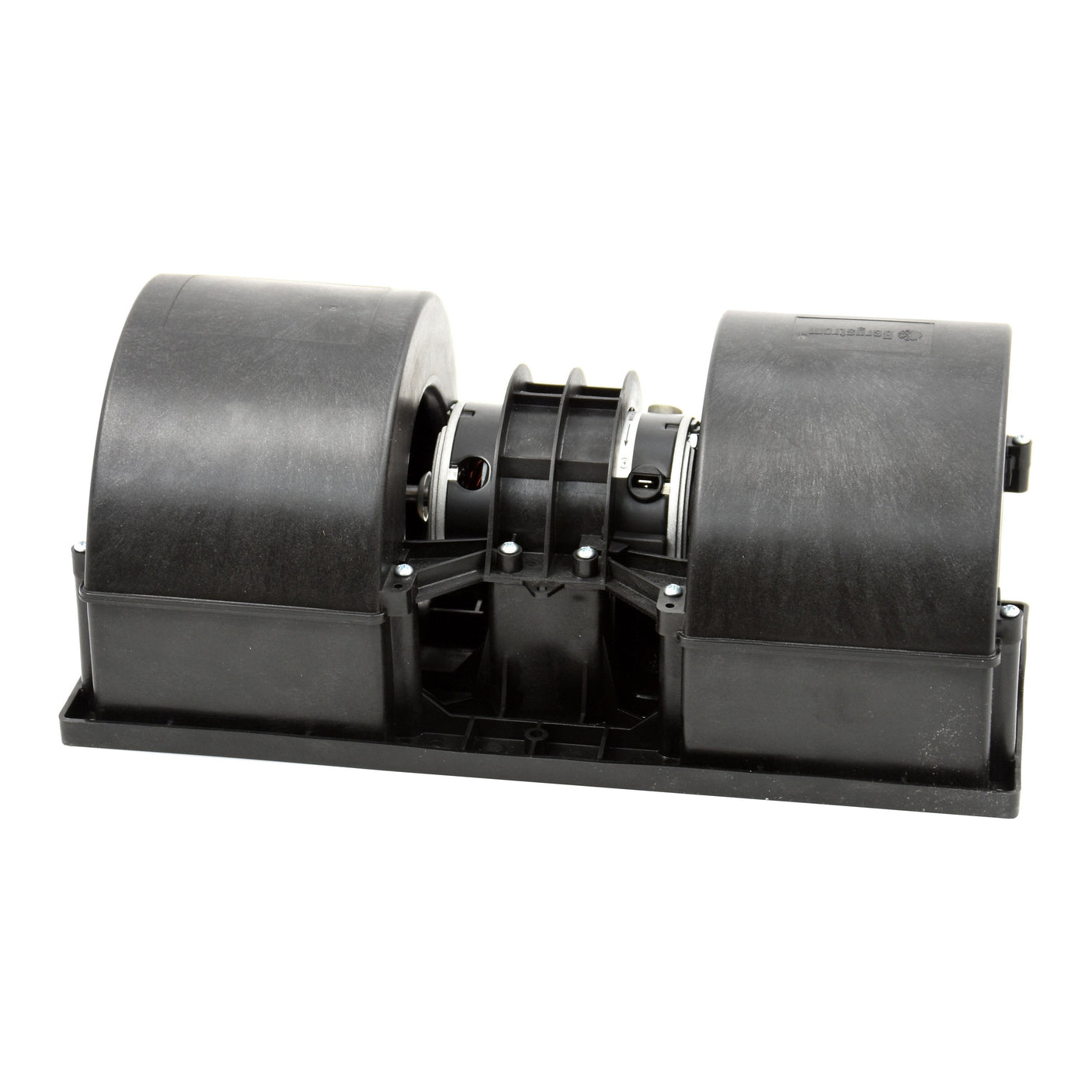 The Sparex Complete Assembly Blower Motor (Sparex Part No. S.106821) features a black plastic housing unit with two cylindrical compartments on either end and a central connecting mechanism, designed for compatibility with Case IH / International Harvester and Ford / New Holland machinery.