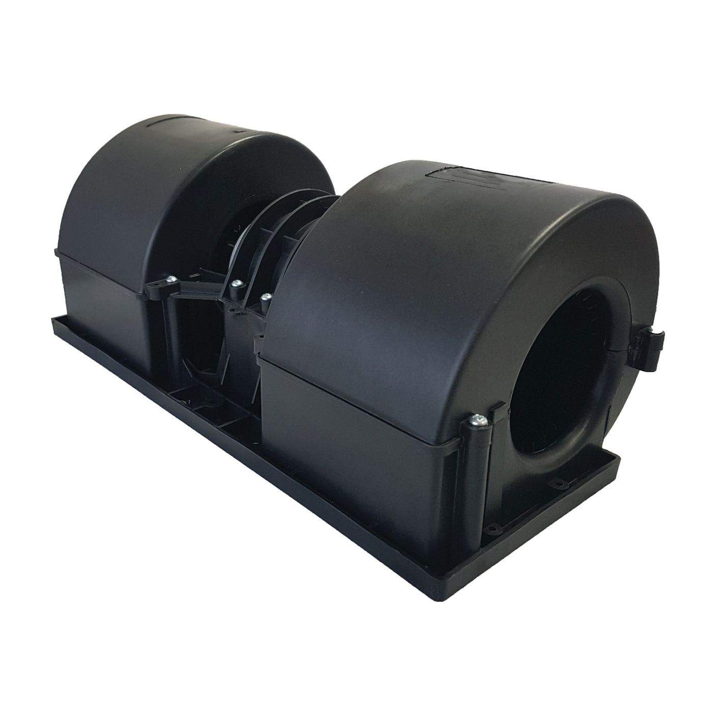 A black Sparex Complete Assembly Blower Motor (Part No.S.106821) with a rectangular mounting base and two cylindrical air outlets, compatible with Ford / New Holland and Case IH / International Harvester models.