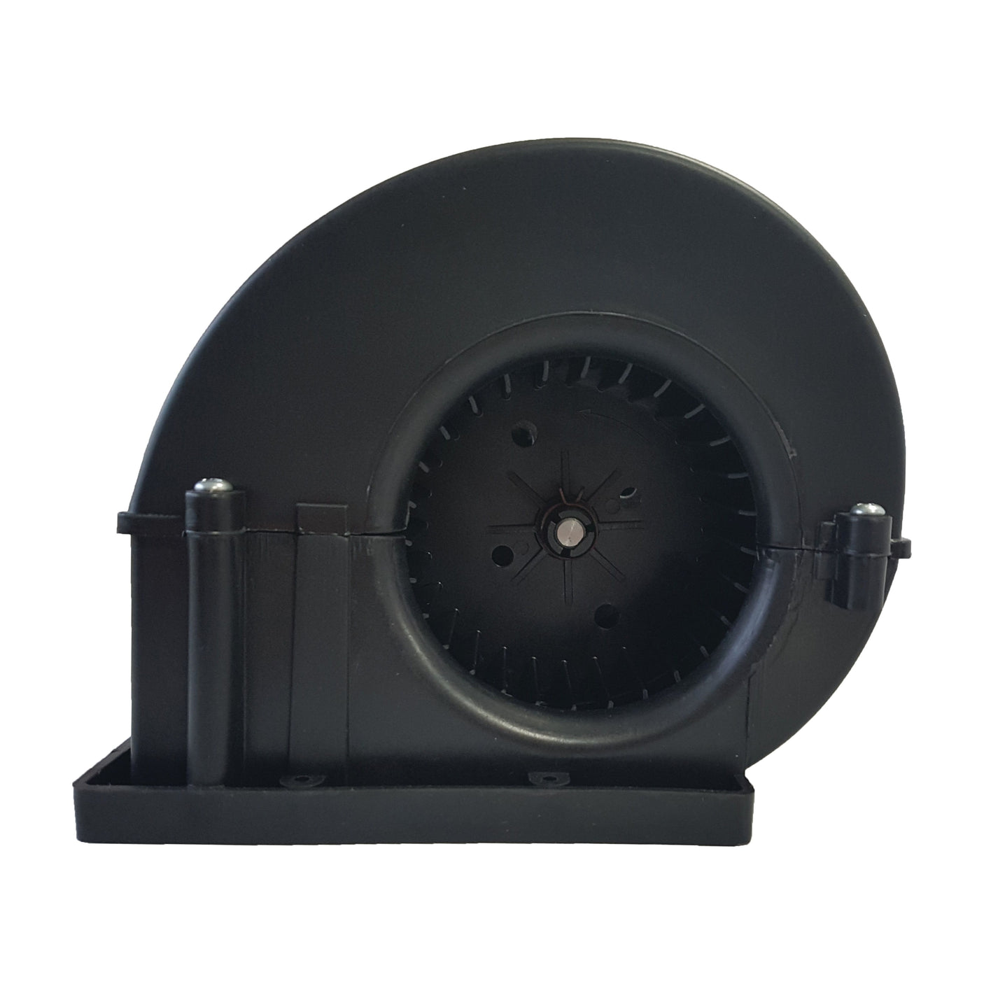 The Sparex Complete Assembly Blower Motor, part number S.106821, is a black plastic centrifugal blower fan with a circular housing, visible blades, and a mounting base. It is specifically designed to be compatible with Case IH/International Harvester and Ford/New Holland machinery.