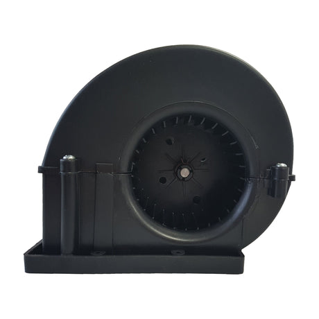 The Sparex Complete Assembly Blower Motor, part number S.106821, is a black plastic centrifugal blower fan with a circular housing, visible blades, and a mounting base. It is specifically designed to be compatible with Case IH/International Harvester and Ford/New Holland machinery.