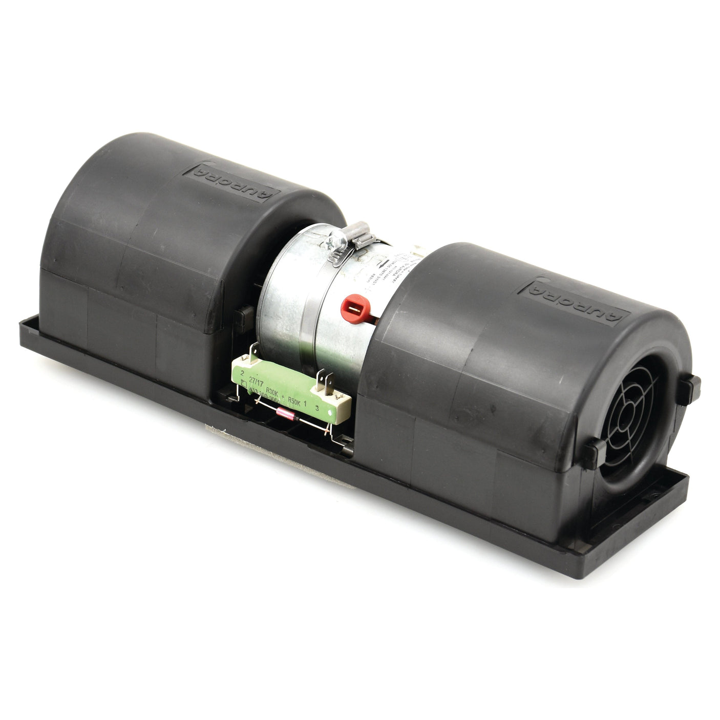 A black cylindrical Complete Assembly Blower Motor with a central metallic motor housing, flanked by protective covers on both sides, mounted on a flat base. This Sparex-approved component (Part No. S.106822) is compatible with Massey Ferguson models.