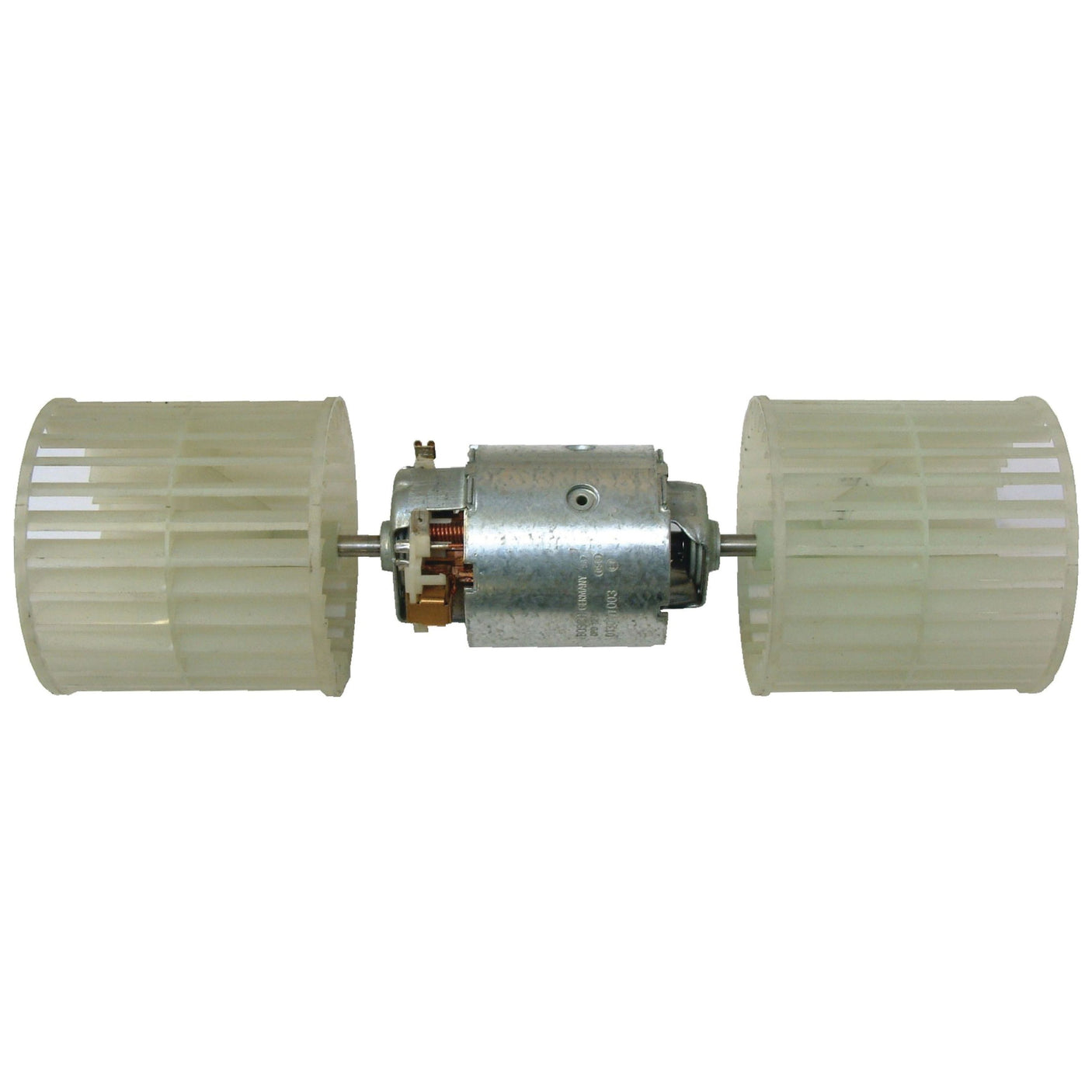 The Sparex Blower Motor With Wheel (Sparex Part No. S.106829) features a fan-like, slotted white rotor attached on each end and is specifically designed for Massey Ferguson applications.