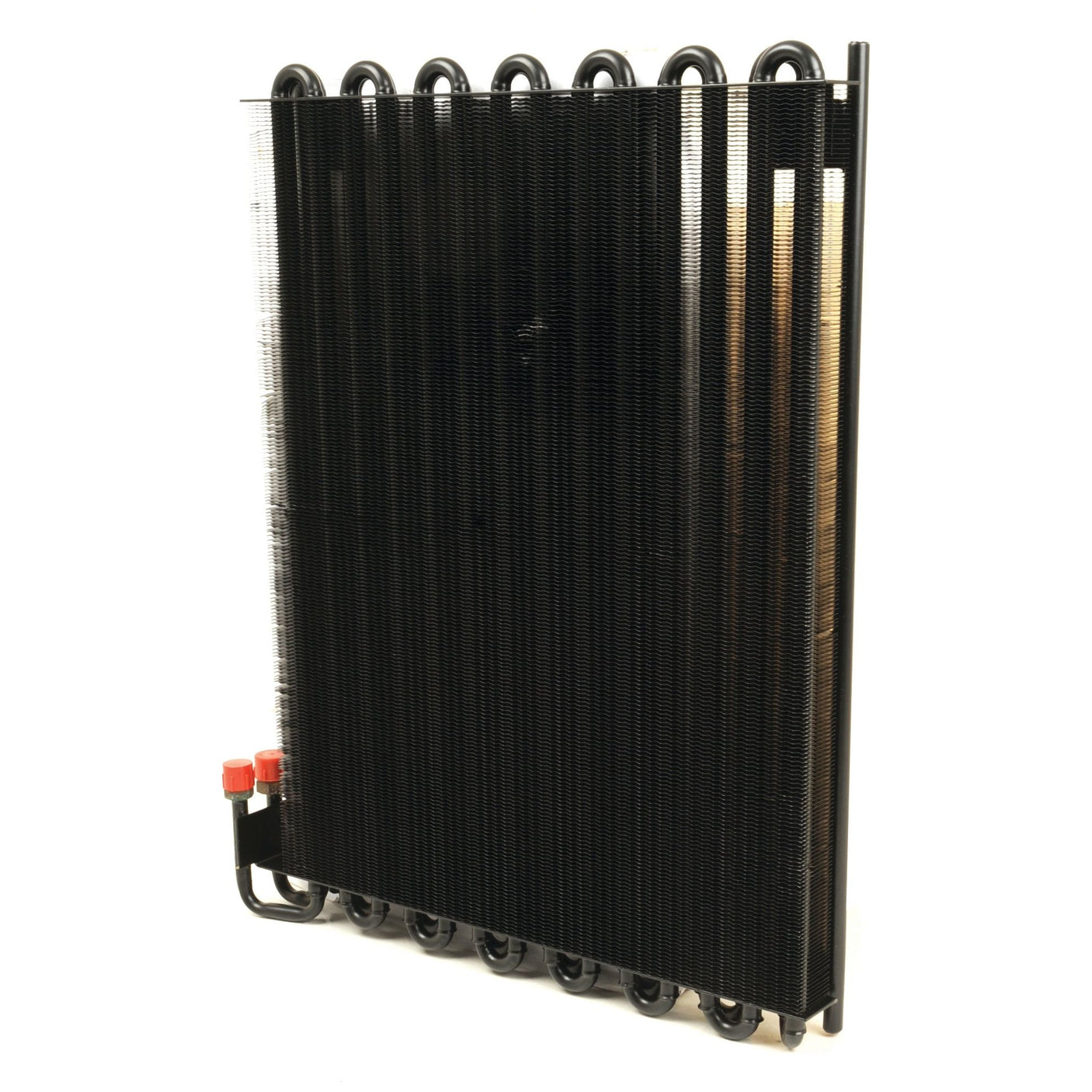 Image of the "Condenser - S.106831" from Sparex, featuring a black refrigerator condenser coil with curved tubes at the top and bottom, and two red-tipped connectors at the lower left corner, similar in design to components you'd find in John Deere machinery.