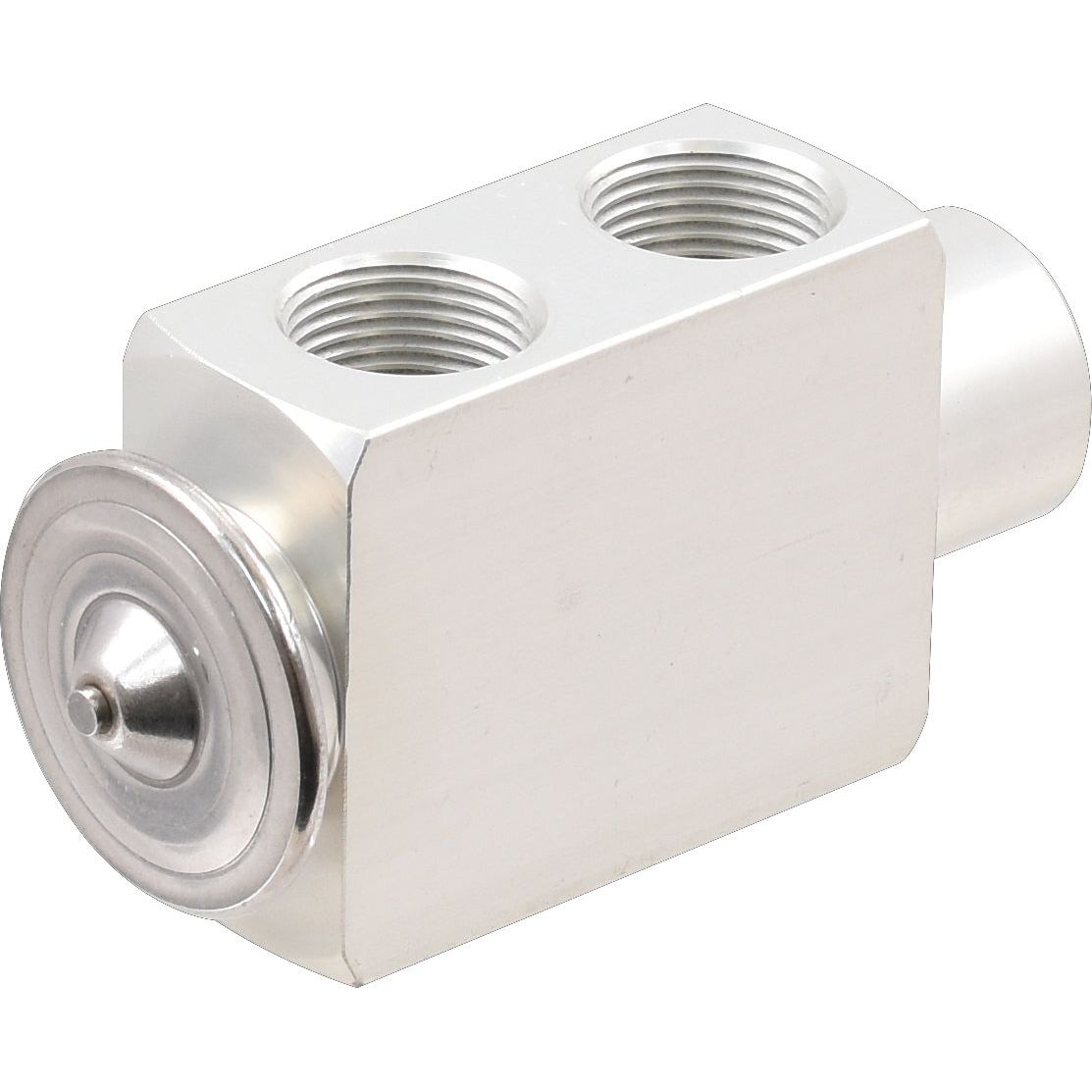 A rectangular metal component with three threaded holes and a round, button-like feature on one side, compatible with the O Ring Type Expansion Valve (Sparex Part No. S.106832) from Sparex or Deutz-Fahr AGROPRIMA.