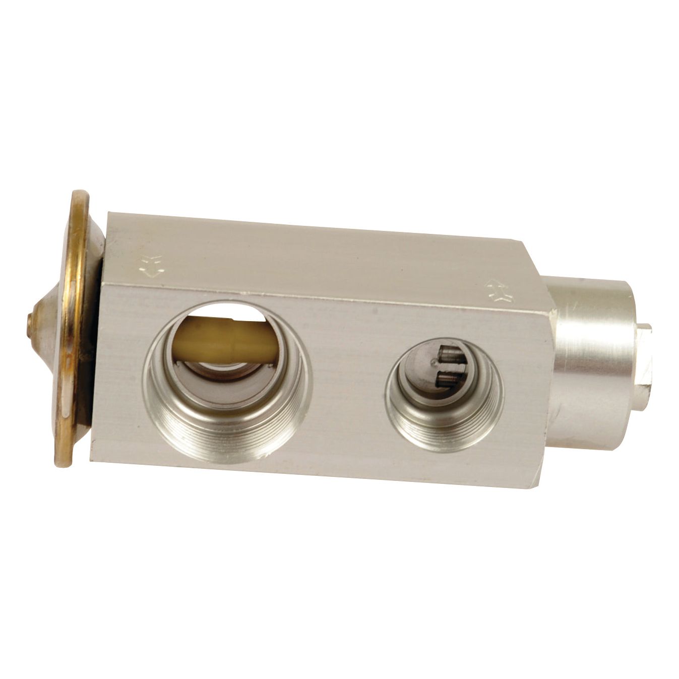 The Sparex O Ring Type Expansion Valve (Sparex Part No. S.106832) is an aluminum automotive thermal expansion valve featuring two visible openings, cylindrical interiors, and a brass fitting on one end. This component ensures a secure fit and efficient performance.