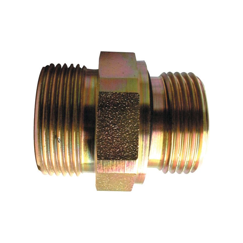 A brass-colored threaded Hose Adaptor fitting, the Hydraulic Adaptor ORFS 1/4''BSP male - ORFS 9/16''UNF male (Sparex Part No. S.10684) from Sparex, features male threads on both ends and a hexagonal nut in the center.