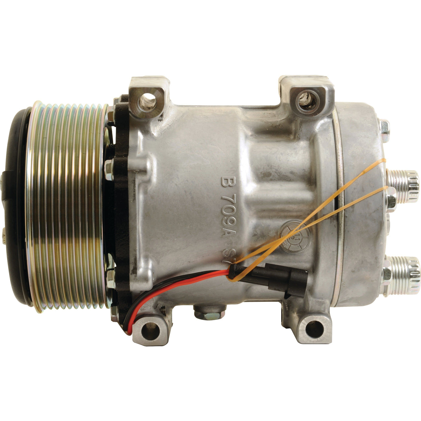 The Sparex Compressor (SD7H15) - S.106863 features a metallic build with a ribbed belt pulley on one side and multiple hoses and wiring connections on the other, ensuring compatibility with PAG 100 R134 for optimal performance.