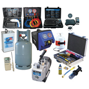 A variety of HVAC tools and equipment, including a vacuum pump, refrigerant recovery machine, electronic leak detector, refrigerant scale, leak detector, Sparex Air Conditioning Service Kit (Part No. S.106864), refrigerant tank, and gauges.