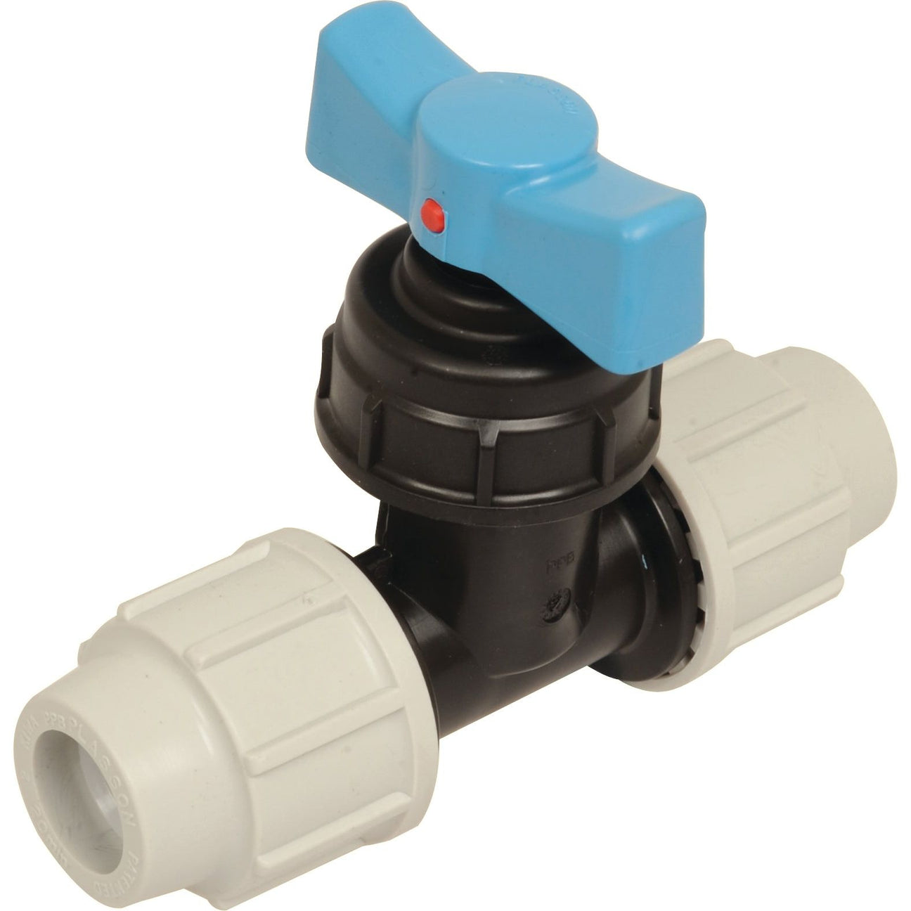 Introducing the Sparex Compression Stoptap (Sparex Part No.S.106870), a 20mm plastic ball valve equipped with a blue handle and white connectors on both ends, designed for controlling the flow of liquid in a piping system. This Plasson compression stoptap ensures reliable performance and easy installation.