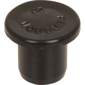 The Plug Adapter - 20mm by Sparex (Part No. S.106893) is a black plastic cap with embossed text on top, featuring a cylindrical shape and a slightly wider top flange, often used as a plug adapter.