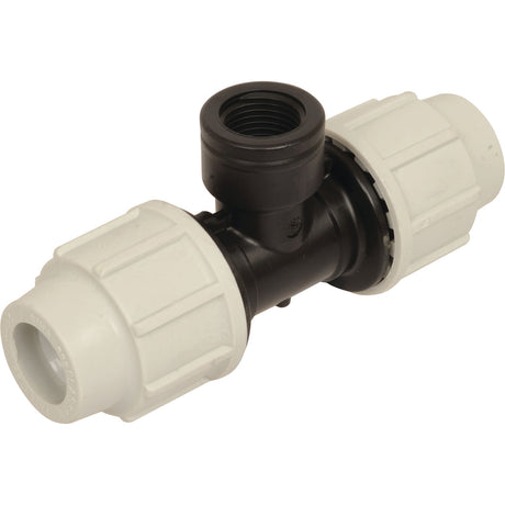 The Sparex 90° Tee with Threaded Female Offtake (Sparex Part No. S.106897) is a plastic pipe connector designed for connecting 20mm x 1/2" pipes in plumbing or irrigation systems effortlessly and securely. This fitting features two push-fit ends and a threaded female offtake center.