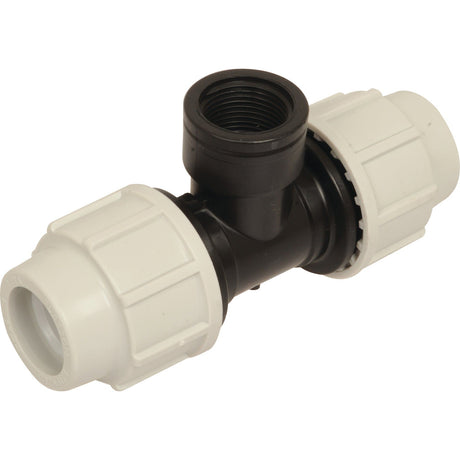 The Sparex 90° Tee with Threaded Female Offtake (Sparex Part No. S.106898) is a 25mm x 3/4 plastic T-shaped pipe connector featuring compression fittings on two ends and a threaded female offtake opening on the third end.