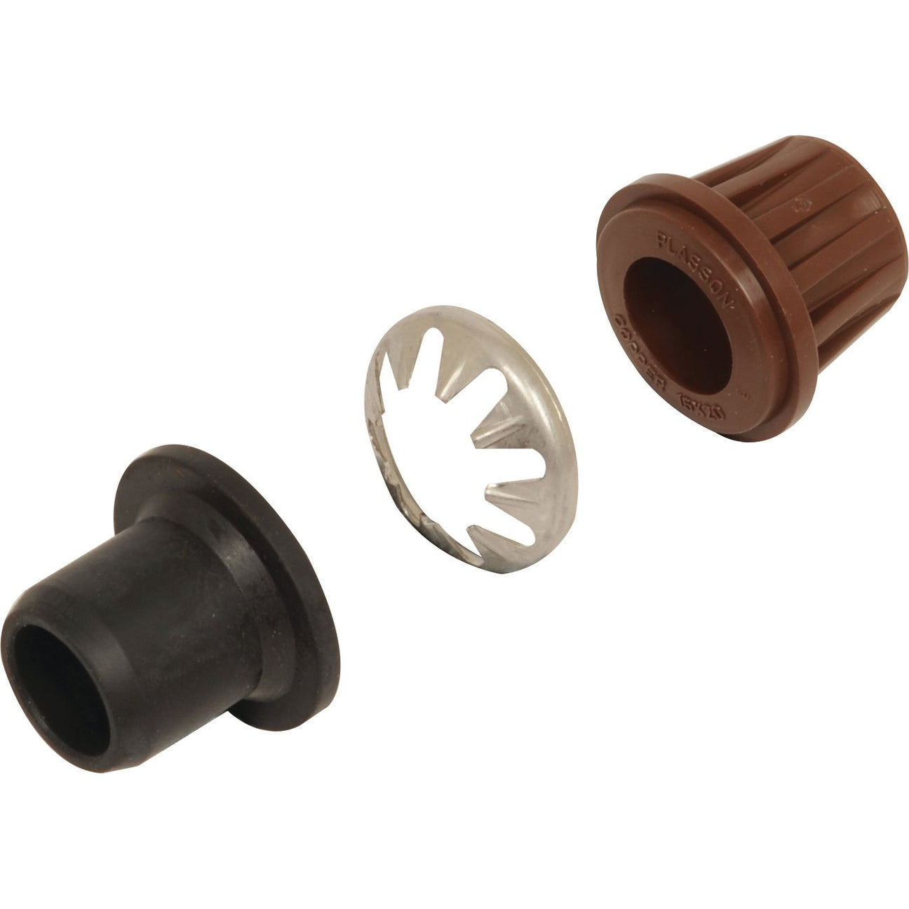 The Plasson Conversion Set for Copper Pipe 20mm - 15mm from Sparex (Sparex Part No. S.106907) includes three components: a black bushing, a metal retaining ring, and a brown threaded cap.