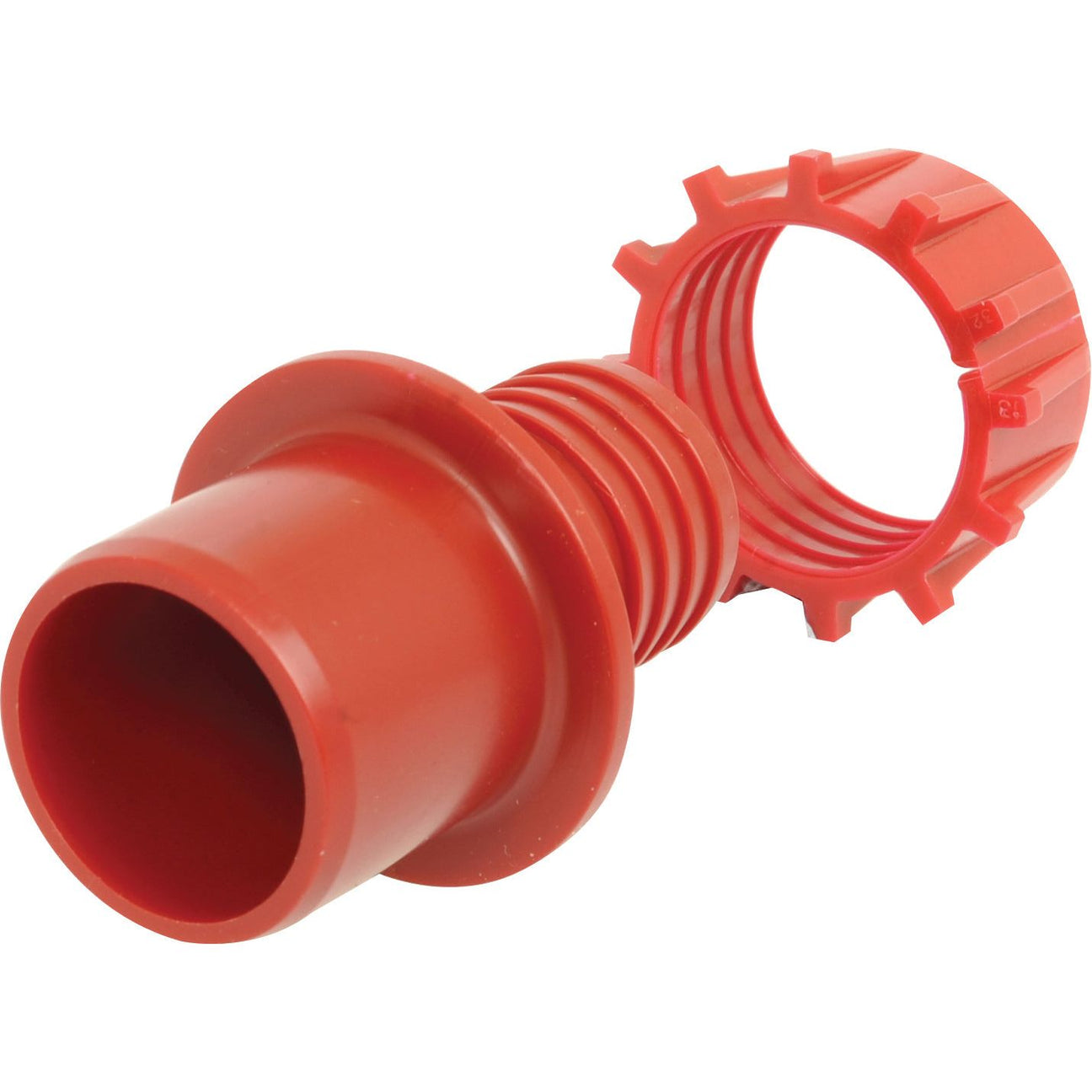 A Sparex Conversion Set - Normal Gauge - 1'' (Sparex Part No. S.106941), featuring a red plastic Plasson conduit fitting with a flared end and threaded design, sits on a white background.