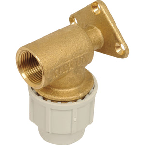 The Sparex Wall Plate Elbow x 3/4 (Part No. S.106943) combines a brass pipe elbow fitting with a white PVC connection and features a flange with four mounting holes.