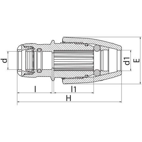 Technical drawing of a mechanical component with labeled dimensions: d1, d, E, I1, H, and I. The part appears to be a universal adapter named "Universal Adapter 25mm x 14mm - 18mm" under the Sparex brand (Sparex Part No. S.107017), featuring detailed inner and outer patterns for versatile functionality.