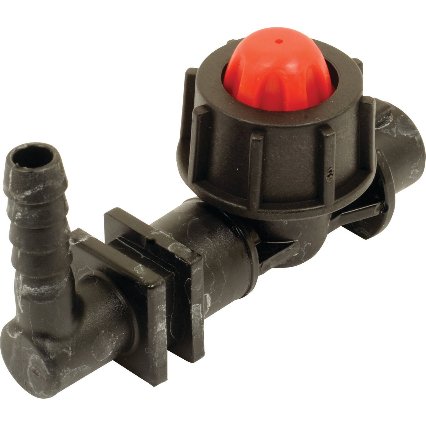 A Sparex Holder Ø3/8'' Single-way with Valve (Sparex Part No. S.107173) is a black plastic hose valve with a red knob on top, suitable for Universal Tractors.