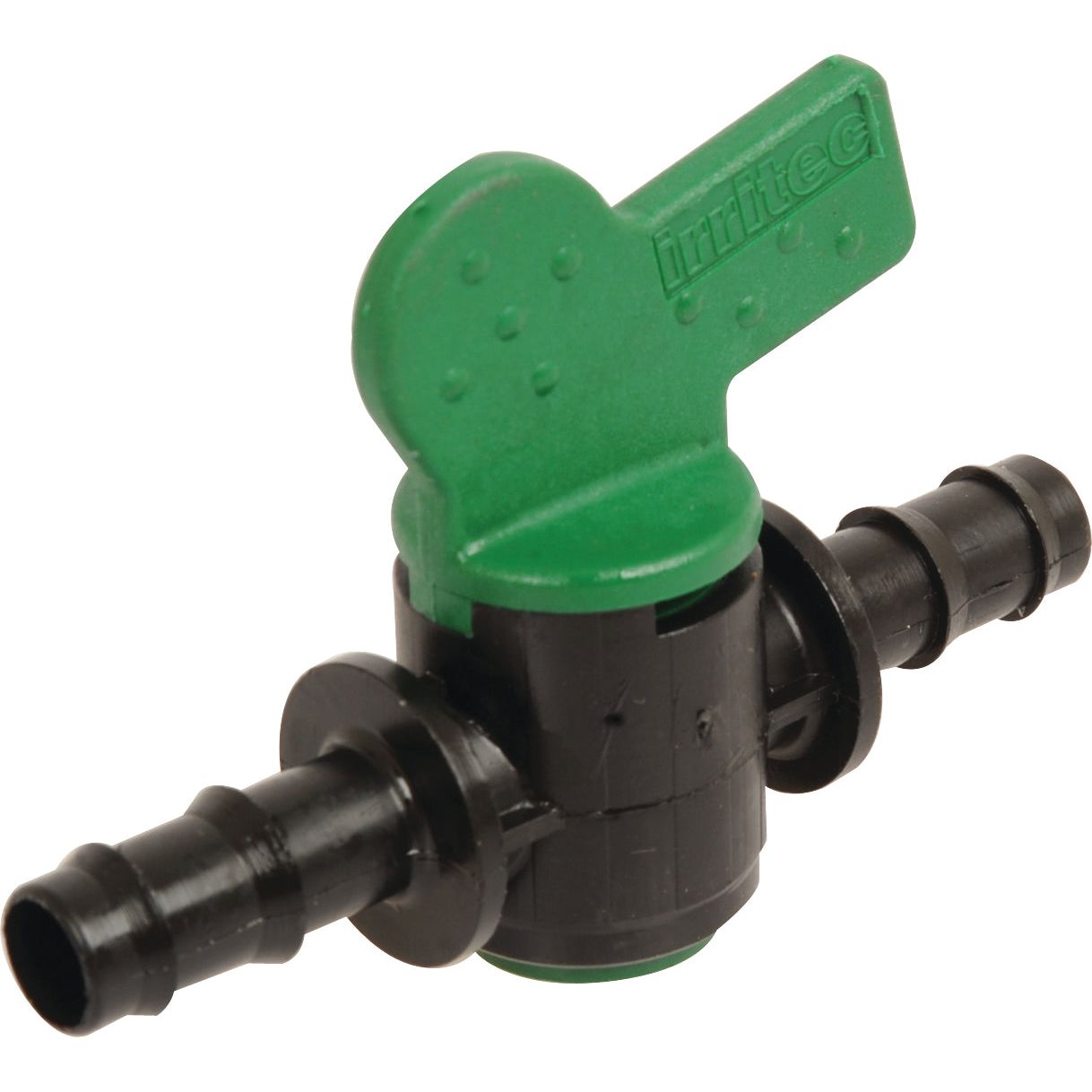 The Sparex Line Tap 10mm x 10mm (Sparex Part No. S.107184) is a green and black plastic irrigation valve with barbed ends, ideal for hose or tubing connections, designed specifically for Universal Tractors.