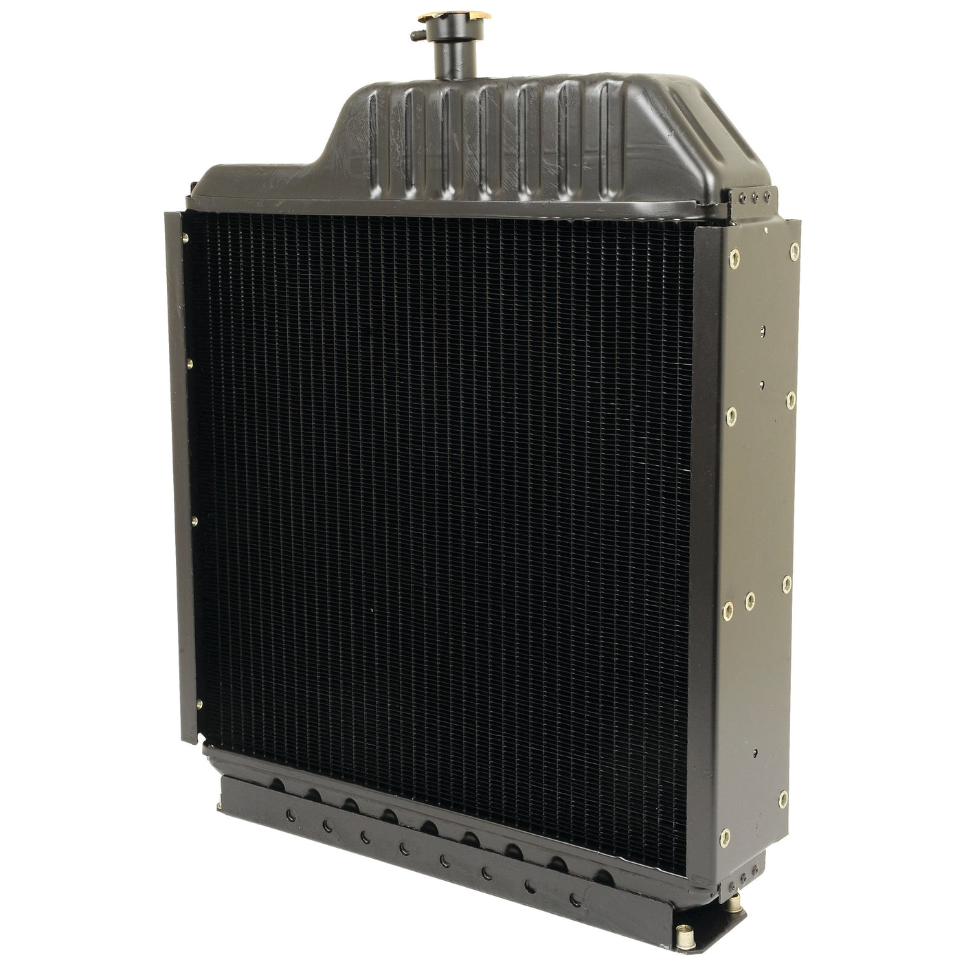 A black, rectangular Sparex Radiator - S.107203 stands upright, showcasing its gridded cooling fins and sturdy metal construction, ideal for Massey Ferguson engines.