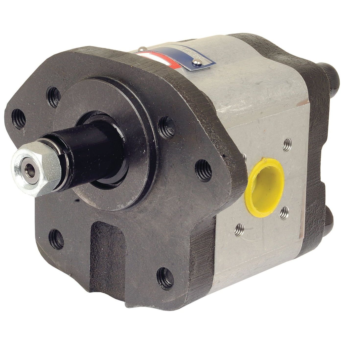 A metal Sparex single hydraulic pump (S.107210) with a black base and silver body, featuring a protruding black shaft, yellow inlet/outlet ports, and mounting holes – ideal for Massey Ferguson tractors.