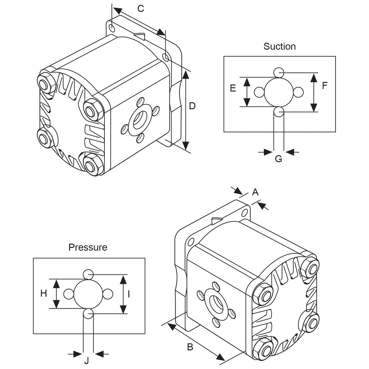 Technical diagram of the Single Hydraulic Pump - S.107210 from Sparex, showing dimensions and suction and pressure connections. Labeled parts include dimensions A-J, indicating various lengths and distances, specific to a Single Pump application on Massey Ferguson tractors.