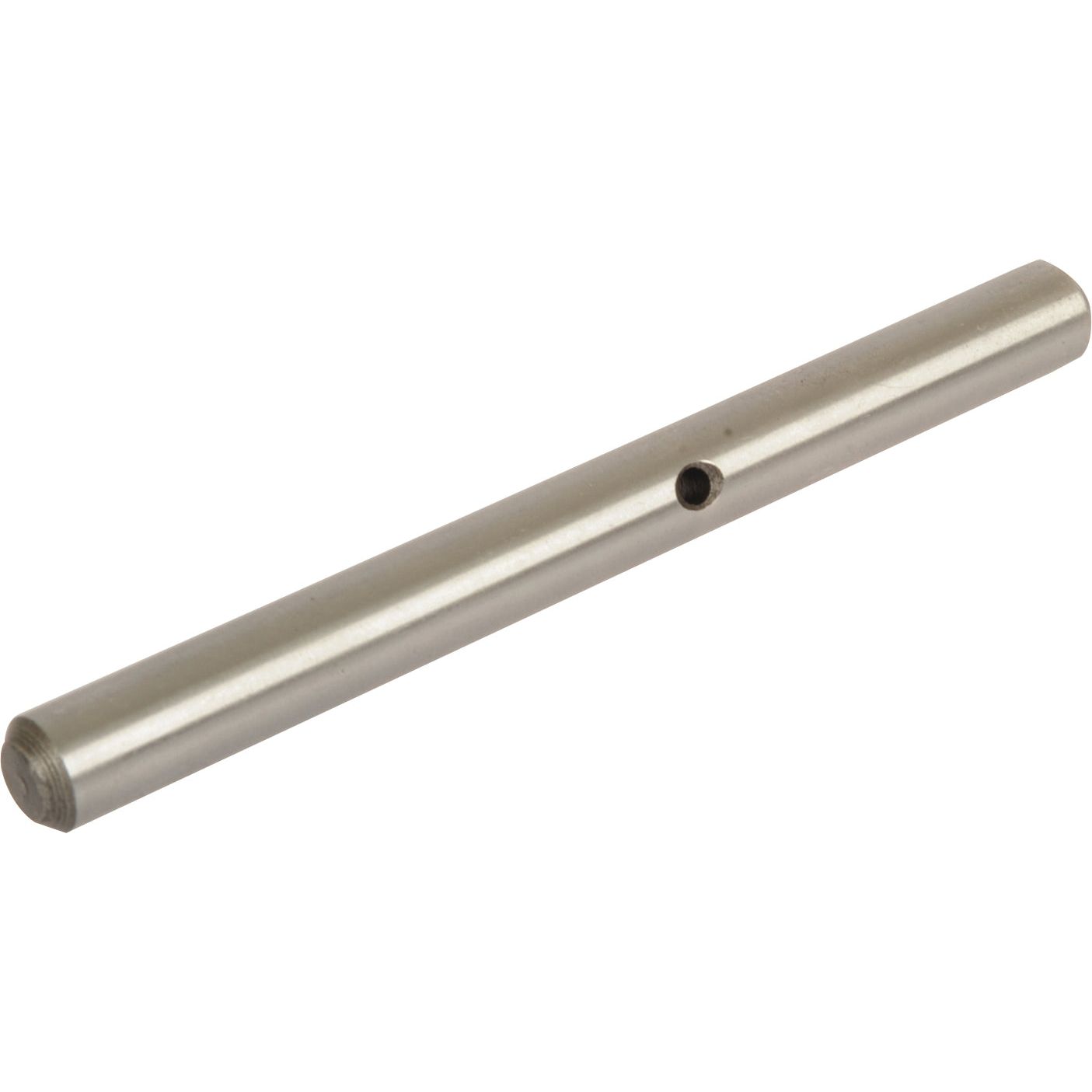 An Axle Pivot Securing Pin, Sparex Part No.S.107224, by Sparex, is a cylindrical metal shaft featuring a small hole near one end, positioned horizontally on a white background.