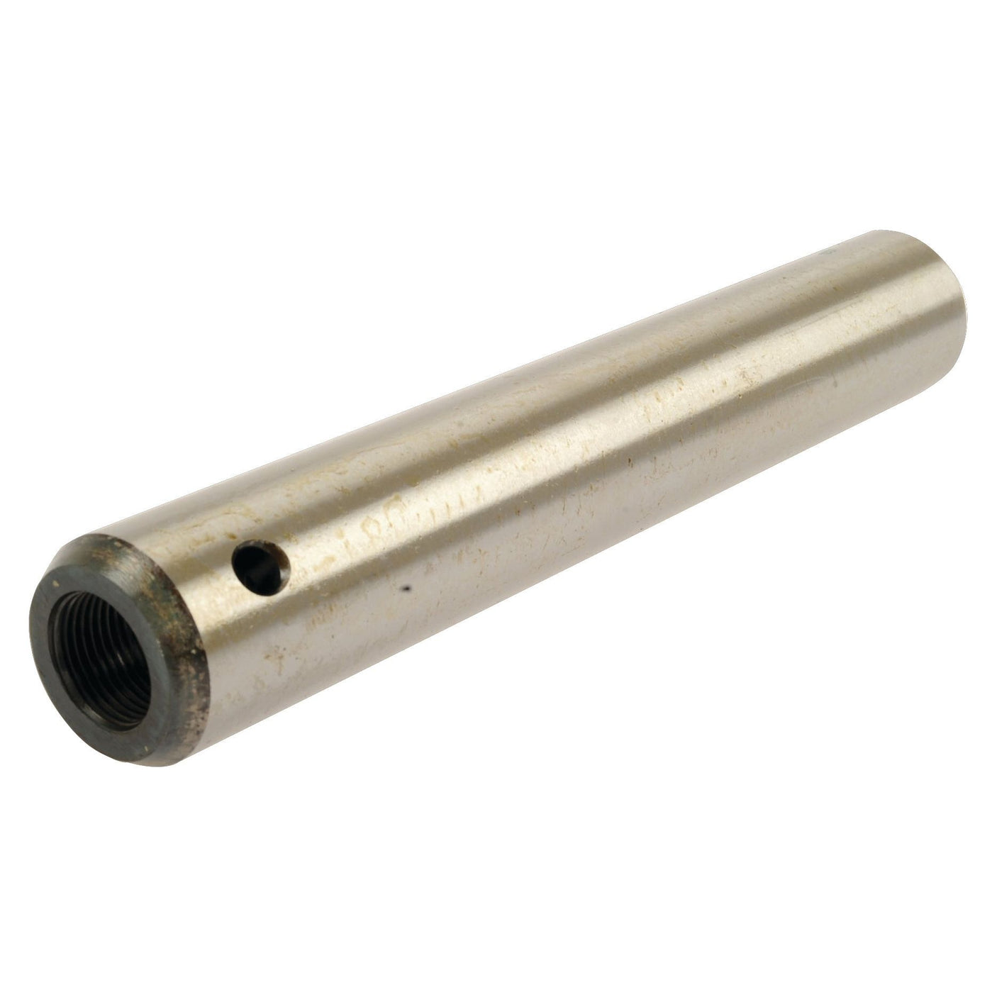 The Axle Pivot Pin Bush (Sparex Part No. S.107225) by Sparex is a cylindrical metal rod designed for Massey Ferguson equipment, featuring a threaded hole on one end and a smaller hole through the side near the same end.