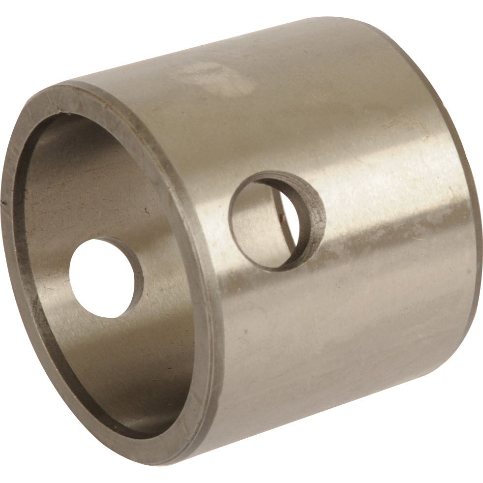 A metallic cylindrical component with two circular holes, designed as a Massey Ferguson axle pivot pin bush (Sparex Part No. S.107233). The larger hole passes through the entire length, while the smaller hole is situated on the side. Available as part of Sparex's extensive range of high-quality parts.