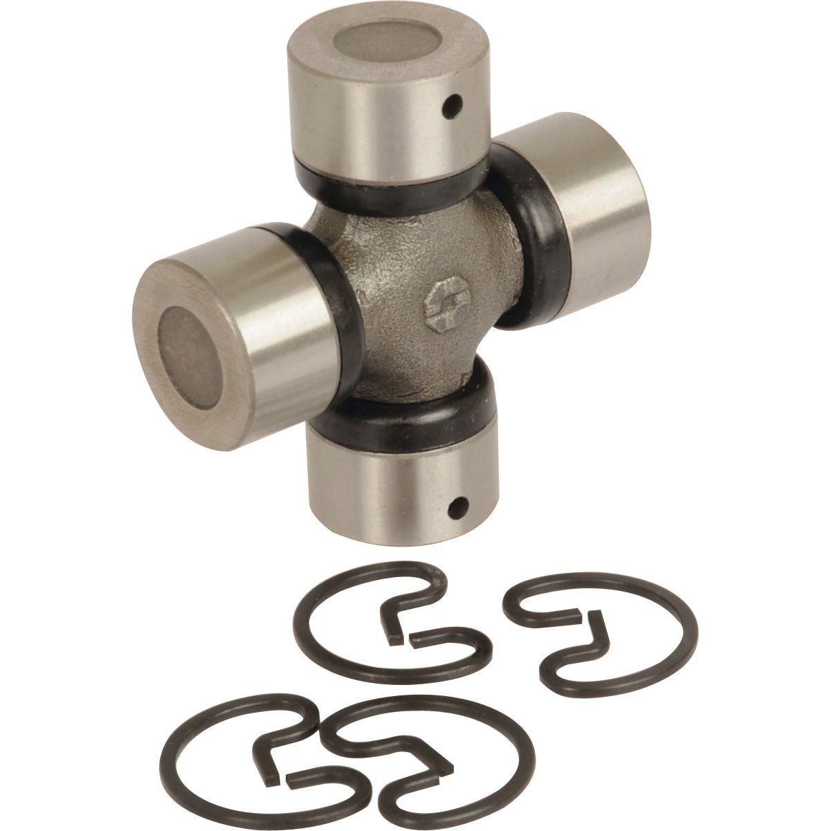 A Universal Joint 23.9 x 62mm (Sparex Part No. S.107247) by Sparex, featuring four black circular snap rings displayed below it, available from Sparex.