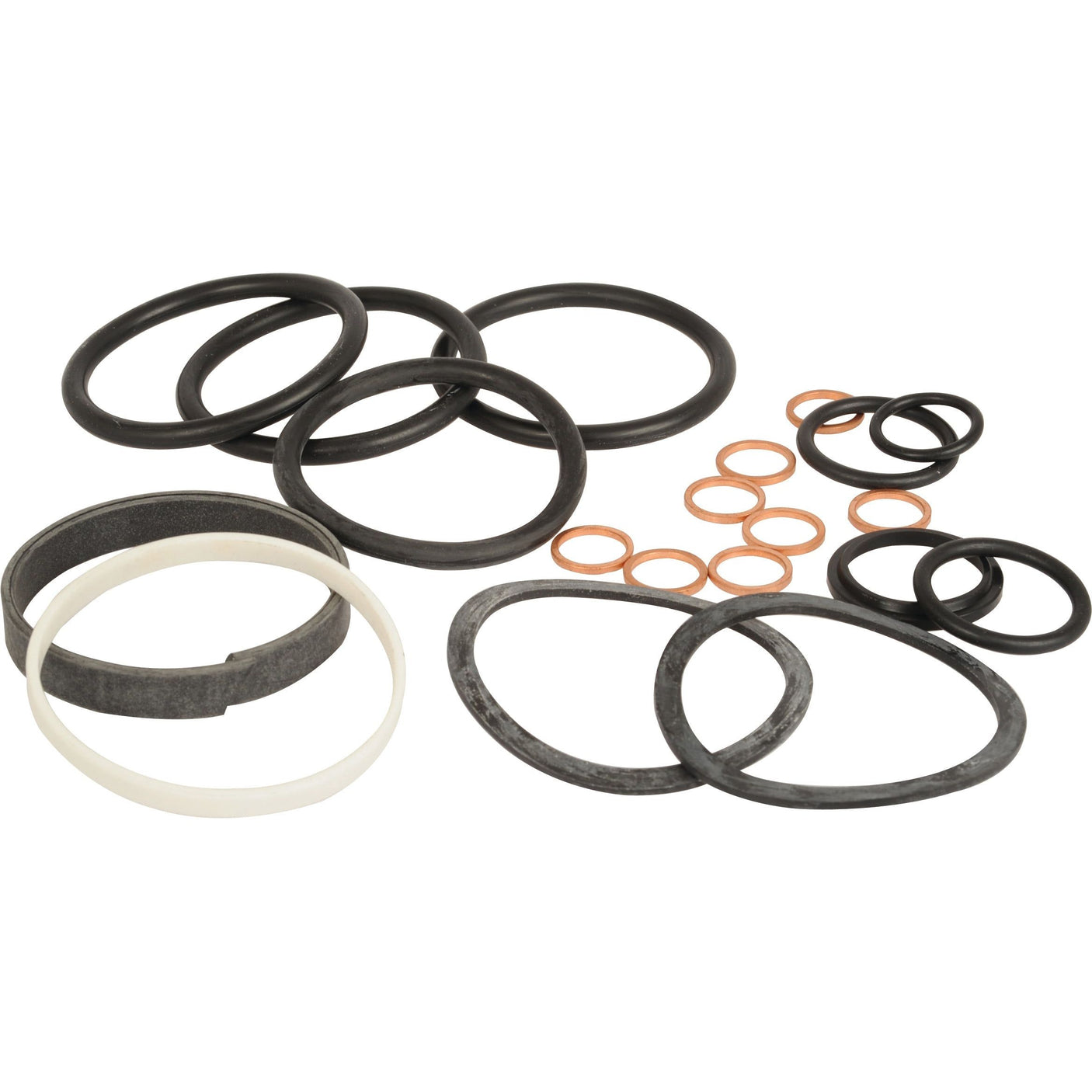 A collection of Sparex rubber and metal O-rings and gaskets of various sizes, organized on a white background, ideal for the Massey Ferguson Steering Cylinder Repair Kit (Sparex Part No. S.107250).