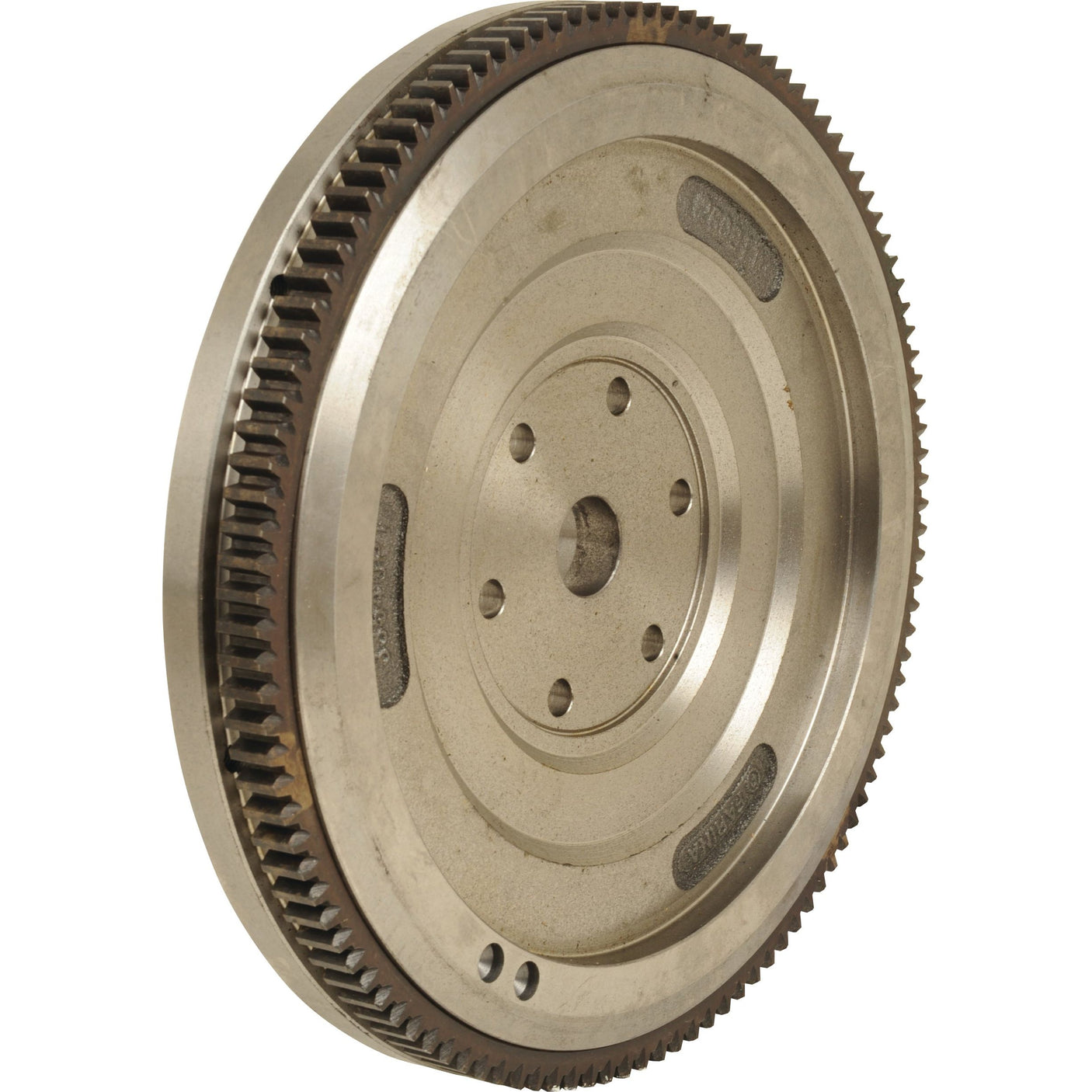 An isolated image of the Sparex Flywheel Assembly (Sparex Part No. S.107260) featuring gear teeth around its outer edge, designed to be compatible with Massey Ferguson tractors.