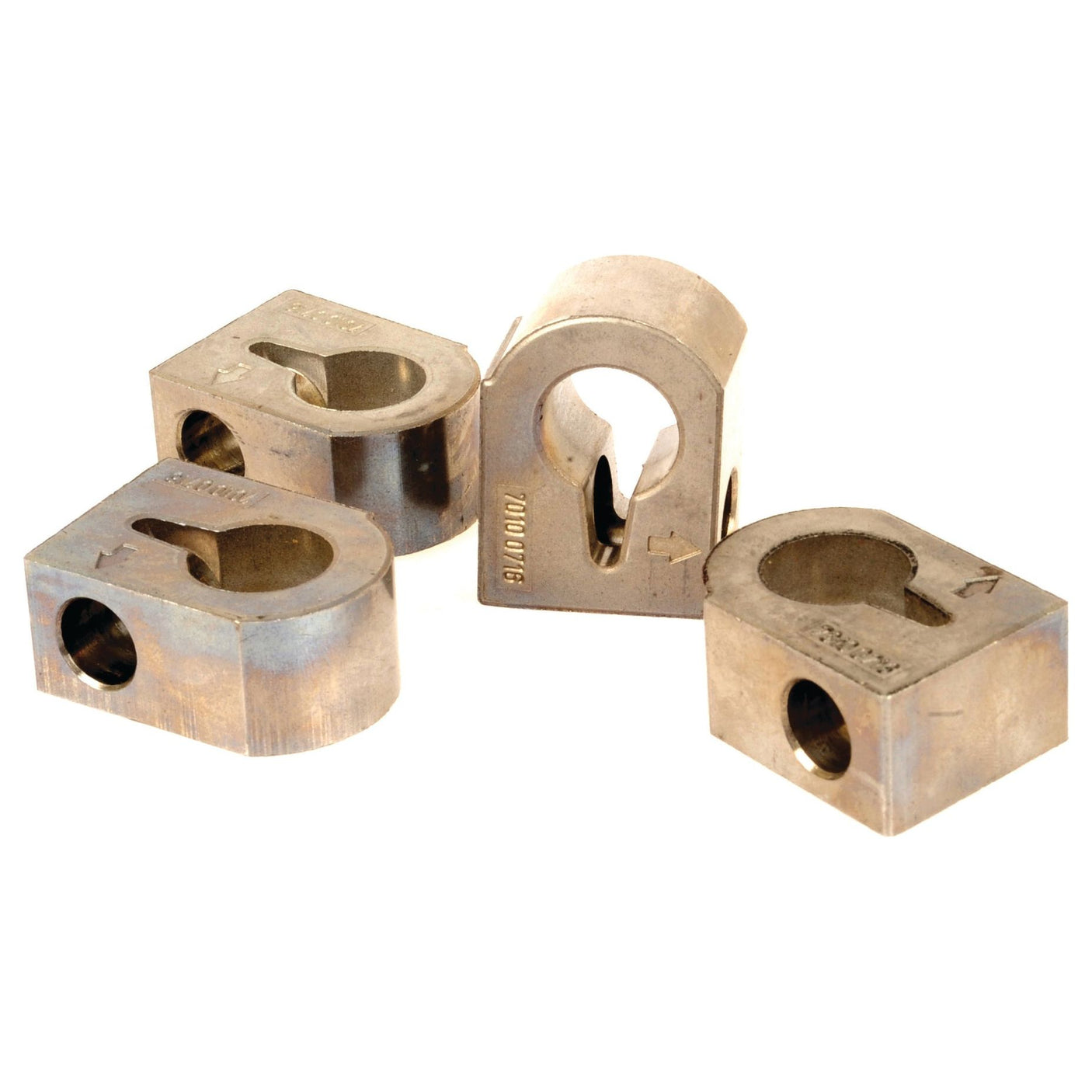 A set of four Rocker Arm Brackets from Sparex (Part No. S.107261), featuring a central hole for securing cables, reminiscent of components used in Massey Ferguson machinery, are arranged haphazardly on a white background.