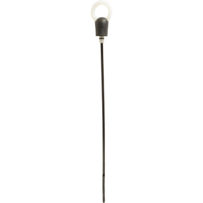 A slender, black plastic Dipstick with a white circular handle on top, perfect for use with Massey Ferguson models (Sparex Part No.S.107265).