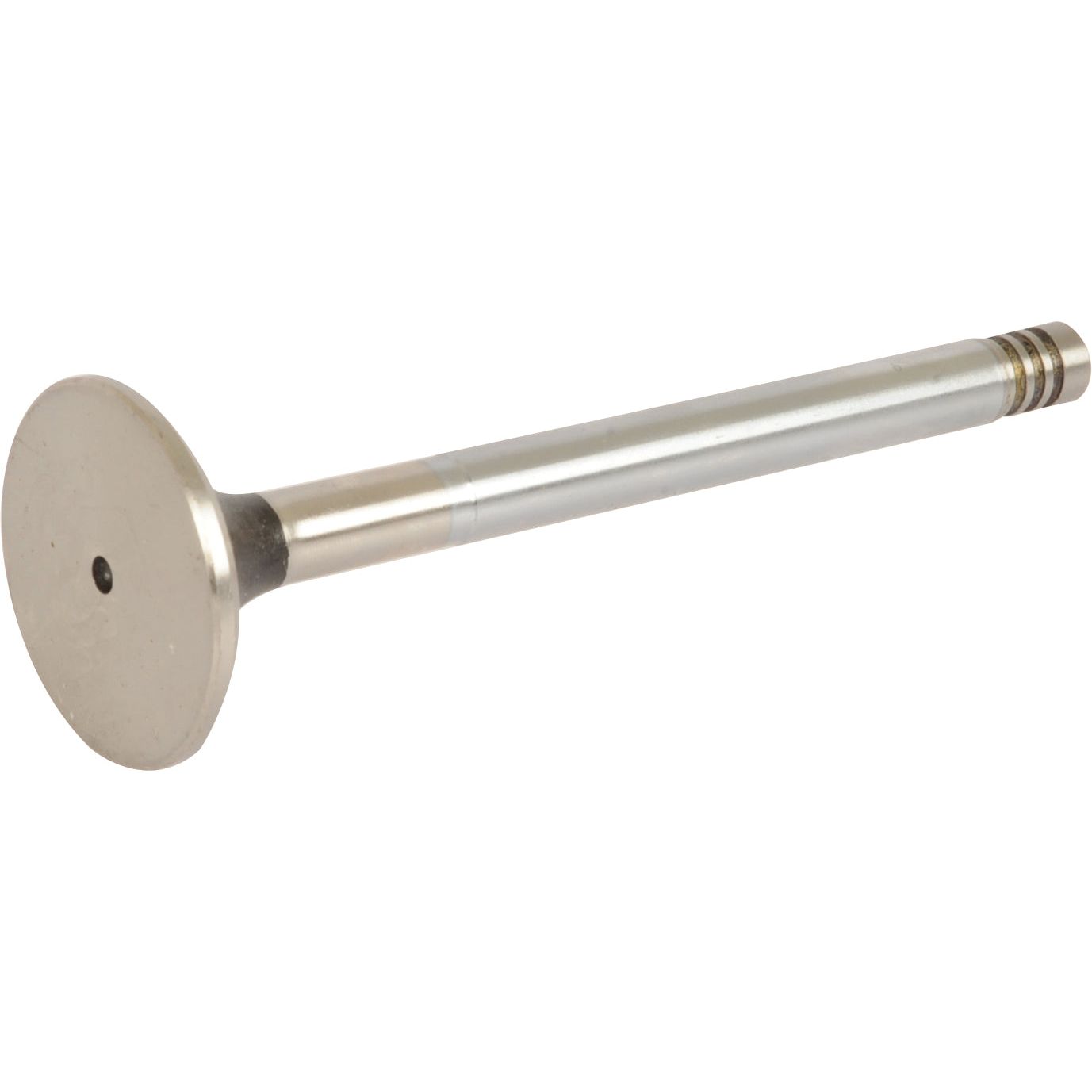 A metallic exhaust valve with a flat, circular head and a long, cylindrical stem featuring grooved rings near the end, compatible with Massey Ferguson engines, is available as the Exhaust Valve Standard (Sparex Part No.S.107277) from Sparex.