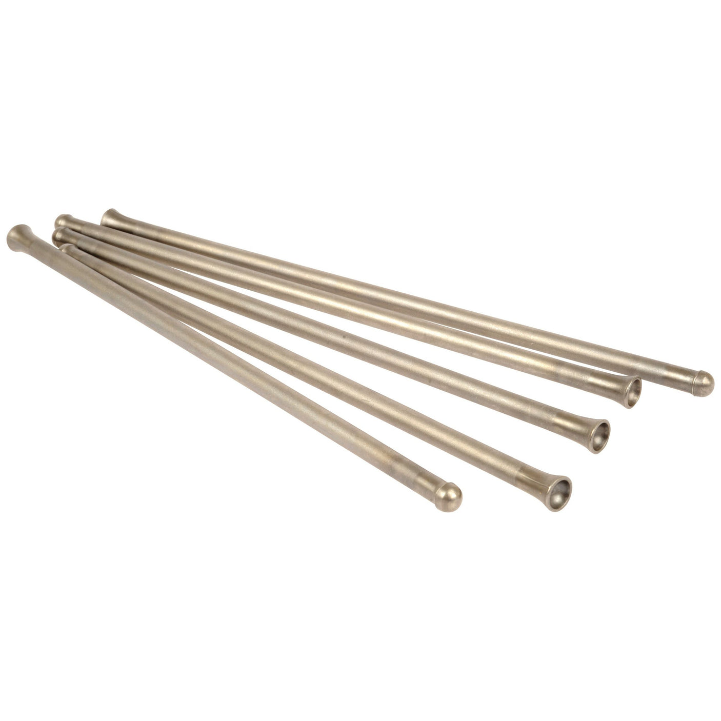 Five uniformly cylindrical metal rods of varying lengths with rounded ends are laid out in a slightly fanned arrangement on a white background, reminiscent of the Sparex Push Rod Adjuster, Part No. S.107278.