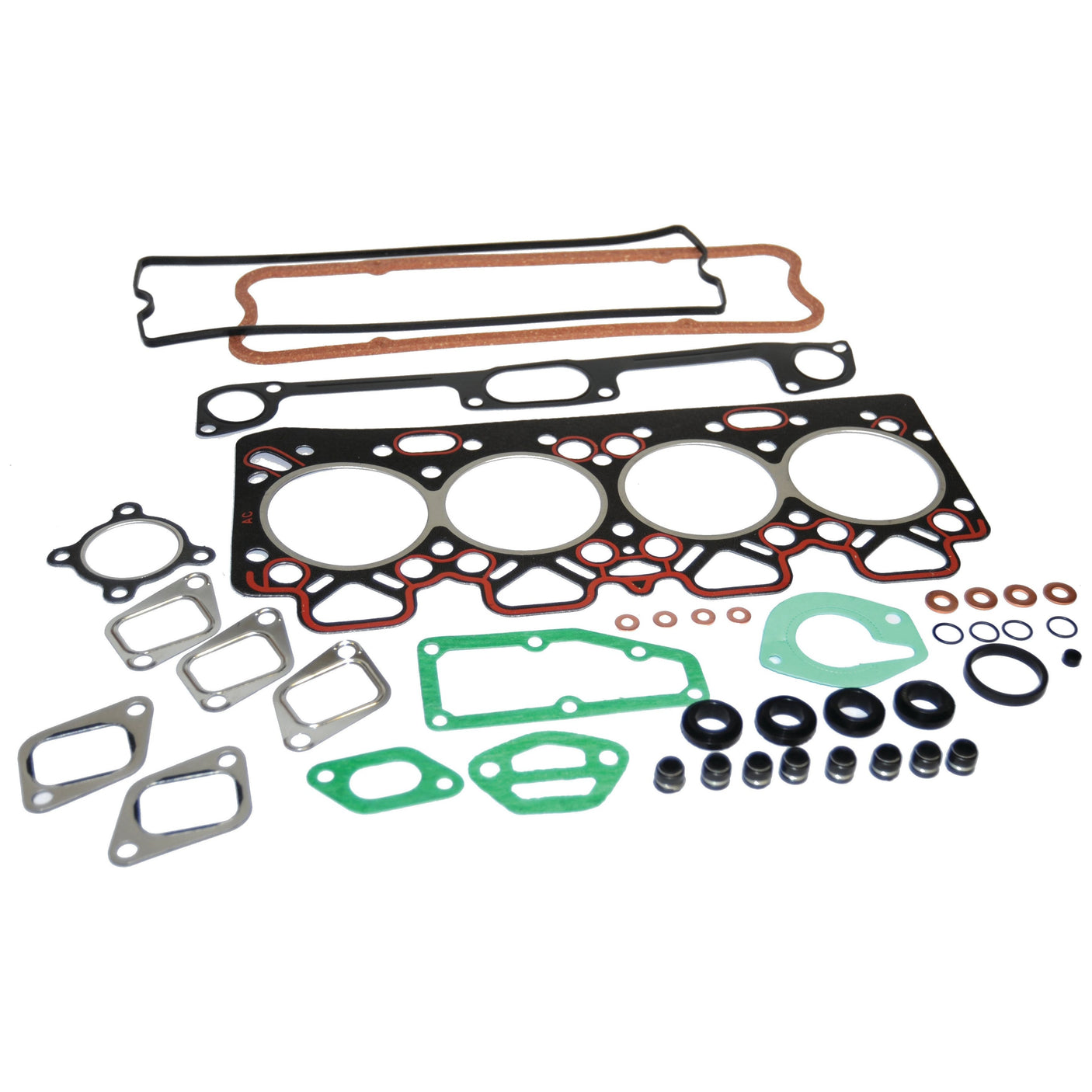 A collection of various car engine gaskets, including head gaskets, valve cover gaskets, and seals, arranged on a white background. Featuring the Sparex Top Gasket Set (400, 5000, Brazilian, Series) | Part No. S.107287 compatible with Perkins Engine and Massey Ferguson.