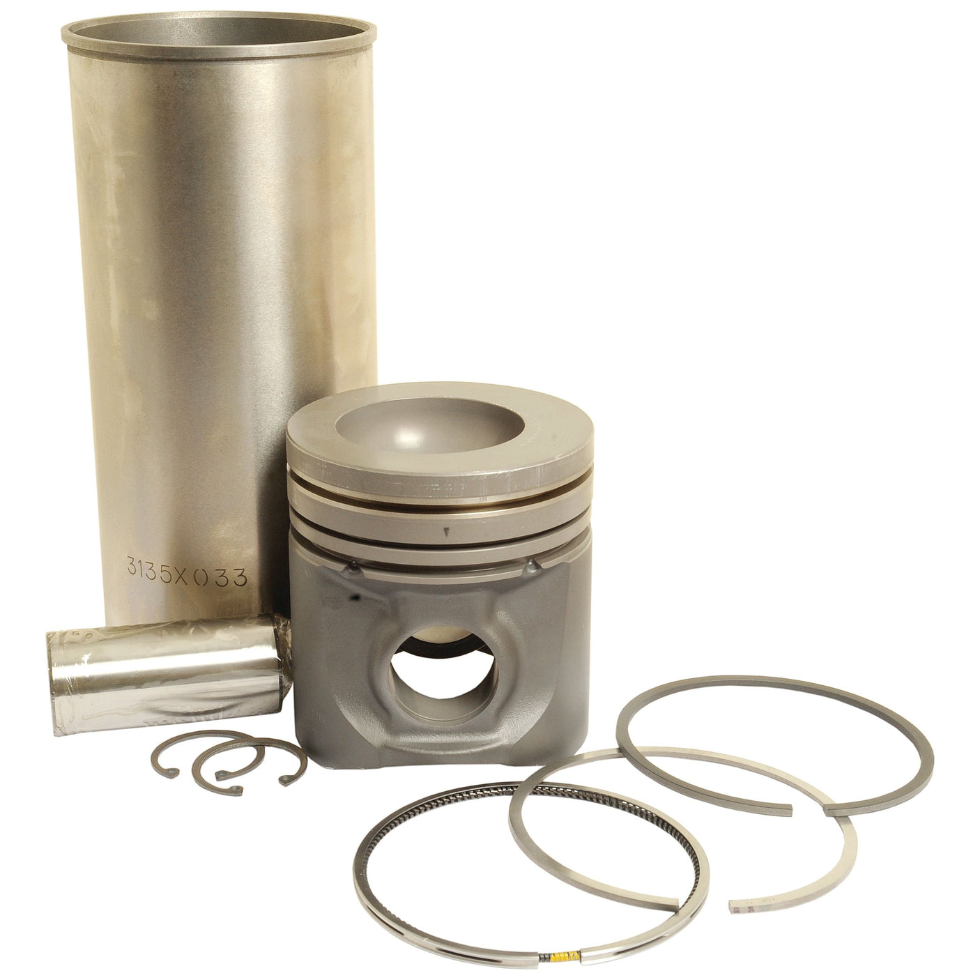 The Sparex Piston Ring and Liner Kit (Part No. S.107289) by Massey Ferguson features an array of engine components, such as a piston, cylinder liner, piston rings, snap rings, and a rolled metal piece, all displayed against a white background.