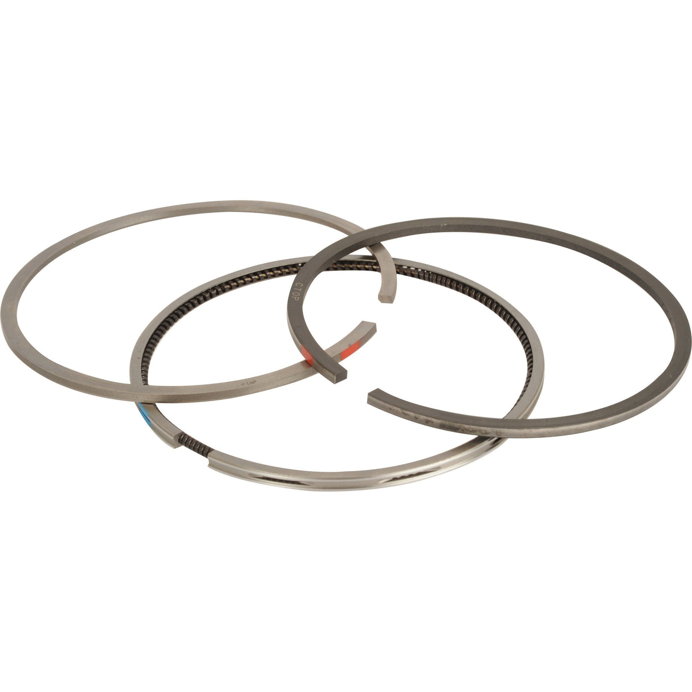 Three metal piston rings of varying sizes, displayed overlapping each other, perfect for a Landini 7830 or Massey Ferguson engine. Introducing the Piston Ring (Sparex Part No.S.107290) from Sparex.