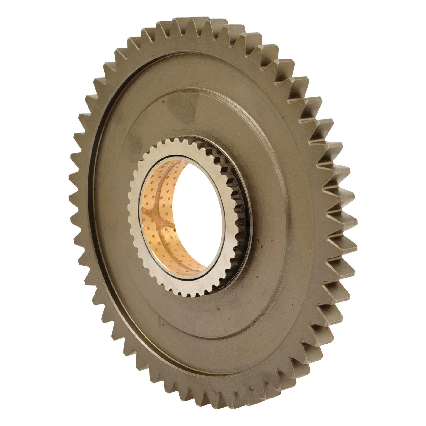 Close-up view of the Sparex Transmission Gear - 12 Speed (Sparex Part No. S.107307) featuring evenly spaced teeth around its circumference and a smaller, perforated central hole, reminiscent of those used in Brazilian tractors by Massey Ferguson.