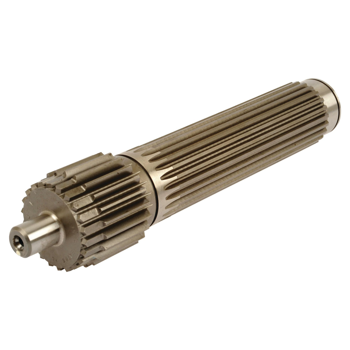 A Sparex Main Shaft (Sparex Part No. S.107308), a cylindrical metal gear component with grooves and teeth, used in machinery such as Massey Ferguson for torque transmission.